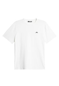 Vit bomulls t-shirt med korta ärmar, rundad hals och en liten svart logotyp på vänster bröst. Slät textur, standard passform.