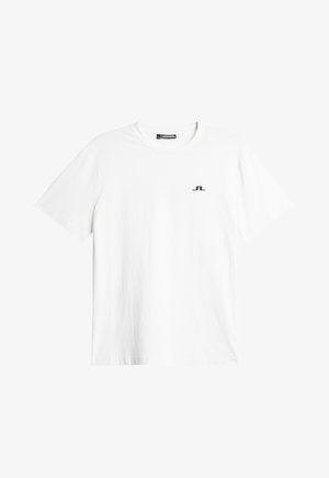 Weißes Baumwoll-T-Shirt mit kurzen Ärmeln, Rundhalsausschnitt und einem kleinen schwarzen Logo auf der linken Brust. Glatte Textur, normale Passform.