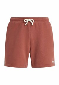 Shorts color ruggine realizzati in tessuto morbido, con una cintura elastica dotata di un cordino bianco e un piccolo logo sul lato sinistro.