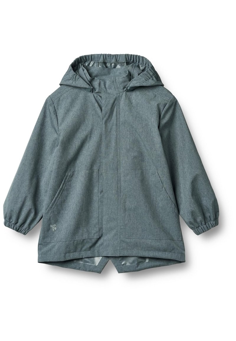 Lengvas, su gobtuvu, džinsinis švarkas iš melžiamos pilkos medžiagos. Yra elastingos rankogaliai, šoninės kišenės ir apvalus hemline, suteikiantis laisvą siluetą.