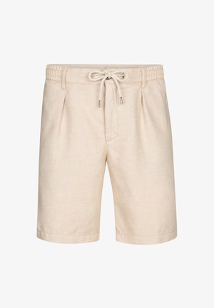 Beige Leinen-Shorts mit einem elastischen Bund, Kordelzugverschluss und Frontfalten. Sie verfügen über eine glatte Textur und einen geraden Schnitt.