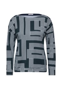 Top a maniche lunghe in tessuto blu navy con un motivo geometrico di linee bianche che formano rettangoli e quadrati. Collo rotondo e vestibilità rilassata.