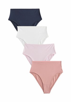 Vier paar hoge taille onderbroeken verticaal gepresenteerd: marineblauw, wit, lichtroze en bleekroze. Gemaakt van zachte, rekbare stof.