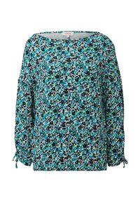 Fließende Bluse mit langen Ärmeln und Bootsausschnitt. Sie hat ein mehrfarbiges Blumenmuster auf schwarzem Hintergrund und verstellbare Kordelzugmanschetten.