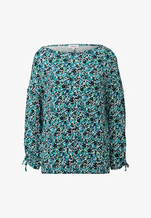 Lepršava bluza dugih rukava s izrezom u obliku čamca. Sadrži višebojni cvjetni uzorak na crnoj pozadini i manžete s podesivim vezicama.