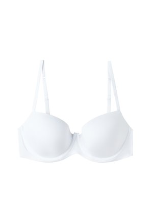 Witte gewatteerde beha met verstelbare bandjes, een gladde textuur, ondersteuning met beugels en een naadloos ontwerp voor een schone, minimalistische uitstraling.