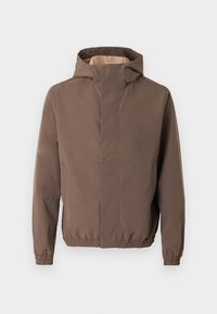 Braune Kapuzenjacke mit elastischen Manschetten und Saum, Reißverschluss vorne und schlichtem Design. Das Innere hat eine kontrastierende hellere Farbe.