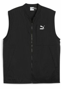 Juodas be rankovių liemenė su užtrauktuku priekyje, pagaminta iš lengvos, tekstūruotos medžiagos. Ant krūtinės yra mažas baltas Puma logotipas.