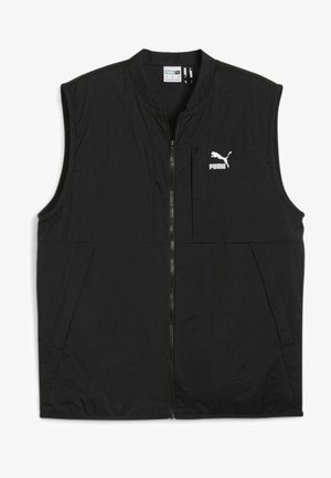 Gilet sans manches noir à fermeture éclair, fabriqué en tissu léger et texturé. Présente un petit logo Puma blanc sur la poitrine.