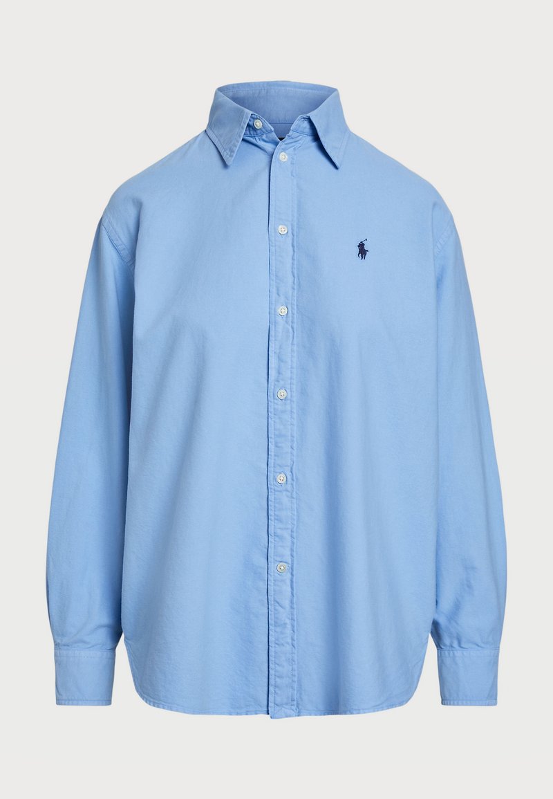 Blue long-sleeve collared shirt made of cotton, featuring a front button closure and a small embroidered logo on the left chest.