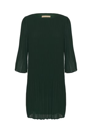 Dark green pleated dress with three-quarter bell sleeves and a round neckline.