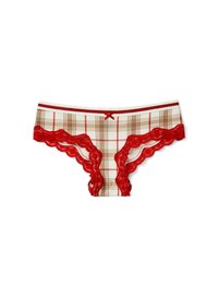Mutande femminili a vita bassa con motivo a quadri beige e rossi, rifinitura in pizzo rosso attorno alle aperture delle gambe e piccolo fiocco rosso al centro dell'elastico in vita.