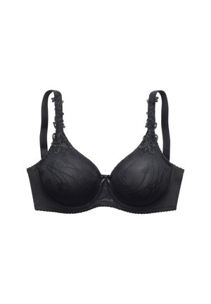 Black lace underwire bra with floral embroidery on cups and straps, adjustable shoulder straps, and a small centered bow detail.