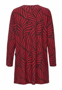 Langärmliges Kleid aus rotem Stoff mit schwarzem Blattmuster. Runder Ausschnitt und lockere Passform sorgen für Bewegungsfreiheit. Weicher Stoff.