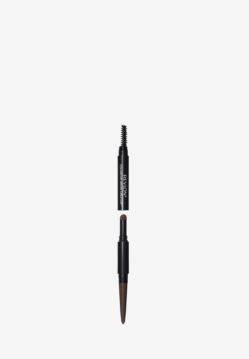 Crayon à sourcils double embout en noir. Une extrémité possède une mine fine pour l'application, l'autre un goupillon pour estomper. Teinte brun.