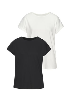 Two plain cotton T-shirts, one white and one black, with short sleeves and round necks, displayed against a white background.