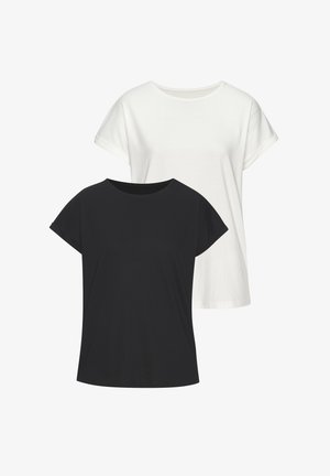 Due T-shirt in cotone semplice, una bianca e una nera, con maniche corte e scolli rotondi, esposte su uno sfondo bianco.