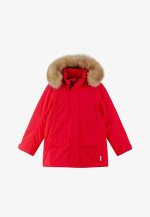 Red parka with faux fur hood, featuring a front zipper, two front pockets, long sleeves, and a relaxed fit design.