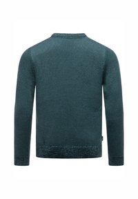 Strickpullover in Teal mit strukturiertem Muster, langen Ärmeln und rundem Halsausschnitt. Mit gerippten Bündchen und Saum.