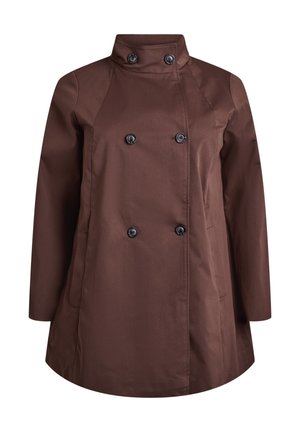 Smeđi kaput dvorednog kopčanja s visokim ovratnikom, s crnim gumbima i bočnim džepovima. Tkanina ima glatku, mat teksturu.