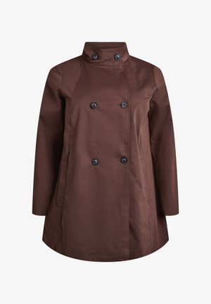 Pruun kahekaraline mantel kõrge kraega, millel on mustad nupud ja küljetaskud. Kangas on sileda, mati tekstuuriga.