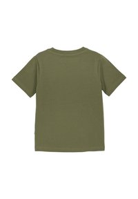 Olijfgroen t-shirt met korte mouwen, gemaakt van zachte katoen. Heeft een klassieke ronde halslijn en een recht gesneden model zonder versieringen.