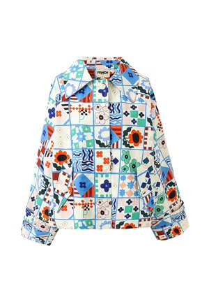 Kleurrijk jack met een gridpatroon van bloemen, golven en geometrische vormen in blauw, groen, rood, roze, met witte knopen en kraag.