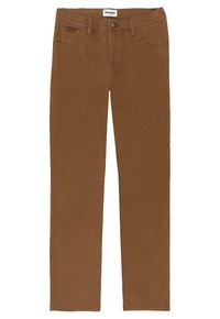Bruna raka byxor med framknapp och dragkedja, fem fickor, bälteshällor och en Wrangler-märkesetikett inuti midjan.