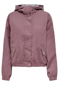 Giacca a cappuccio rosa con chiusura a zip, polsini elasticizzati e due tasche laterali. Tessuto testurizzato con un leggero luccichio e fodera interna a coste.
