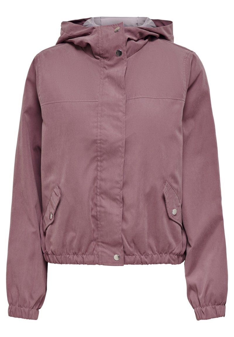 Giacca a cappuccio rosa con chiusura a zip, polsini elasticizzati e due tasche laterali. Tessuto testurizzato con un leggero luccichio e fodera interna a coste.