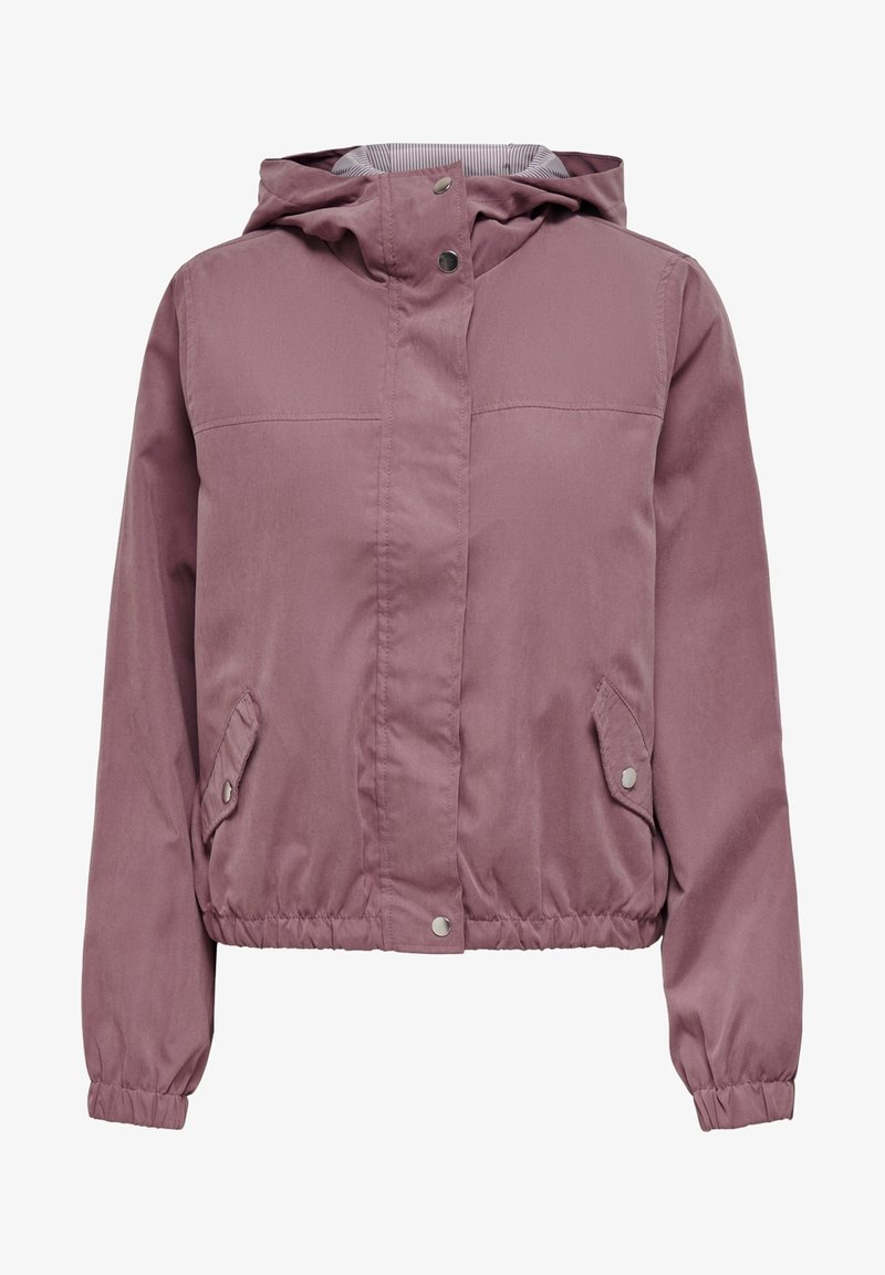 Giacca a cappuccio rosa con chiusura a zip, polsini elasticizzati e due tasche laterali. Tessuto testurizzato con un leggero luccichio e fodera interna a coste.