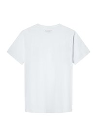 Camiseta de algodón blanca con mangas cortas, escote redondo y sin patrones visibles. Presenta un pequeño logo de "Hackett" cerca de la parte superior de la espalda.