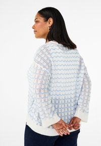 Pull bleu clair et blanc en tricot avec un motif ondulé, mailles ouvertes, poignets côtelés et coupe décontractée. Tissu texturé avec des accents contrastés.