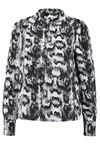 Blouse manches longues en noir et blanc avec un motif imprimé serpent, dotée d'un col haut et d'une fermeture par boutons à l'arrière. Texture de tissu lisse.