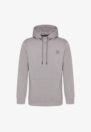 Grijze hoodie met een voorzak, koordjes en een klein logopatch. Gemaakt van zachte stof en met ribbelmanchetten en -zoom.