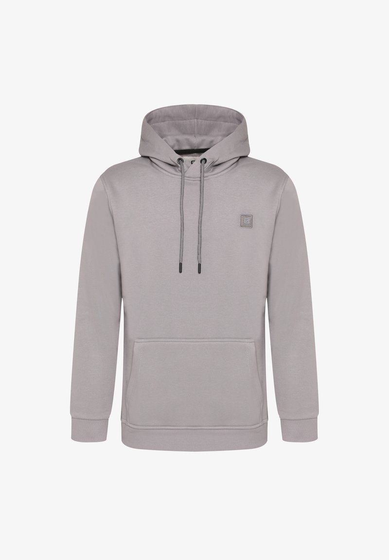 Sweatshirt gris à capuche avec une poche avant, des cordons de serrage et un petit logo. Fabriqué en matériau doux, avec des poignets et un ourlet côtelés.