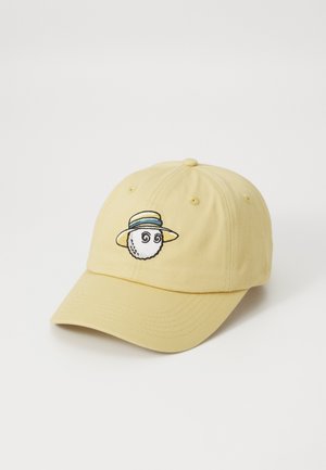 Yellow baseball cap made of cotton, featuring an embroidered cartoon sheep with a hat on the front. Soft texture and curved bill design.