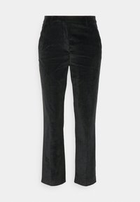 Pantalons en velours noir avec une coupe slim, jambes droites, poches avant et une texture lisse. Aucun motif visible ni détail en matériel.