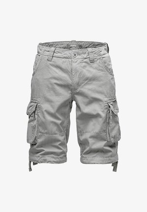 Light gray cargo shorts made of cotton, featuring multiple side pockets, a button closure, and adjustable drawstrings at the hem.