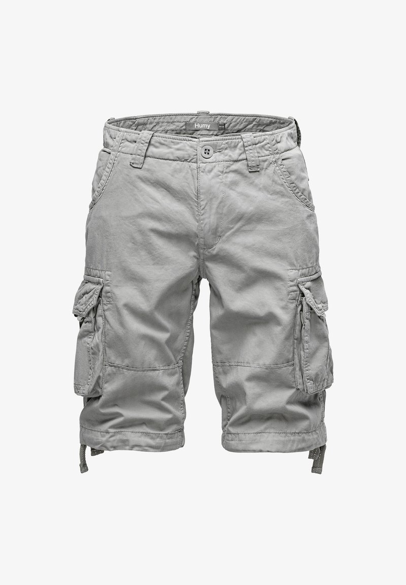 Hellgraue Cargo-Shorts aus Baumwolle mit mehreren Seitentaschen, einem Knopfverschluss und verstellbaren Kordeln am Saum.