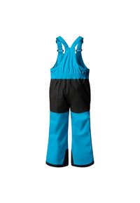 Blue and black waterproof overalls with adjustable straps, elastic waistband, and contrasting color panels on legs and shoulders.