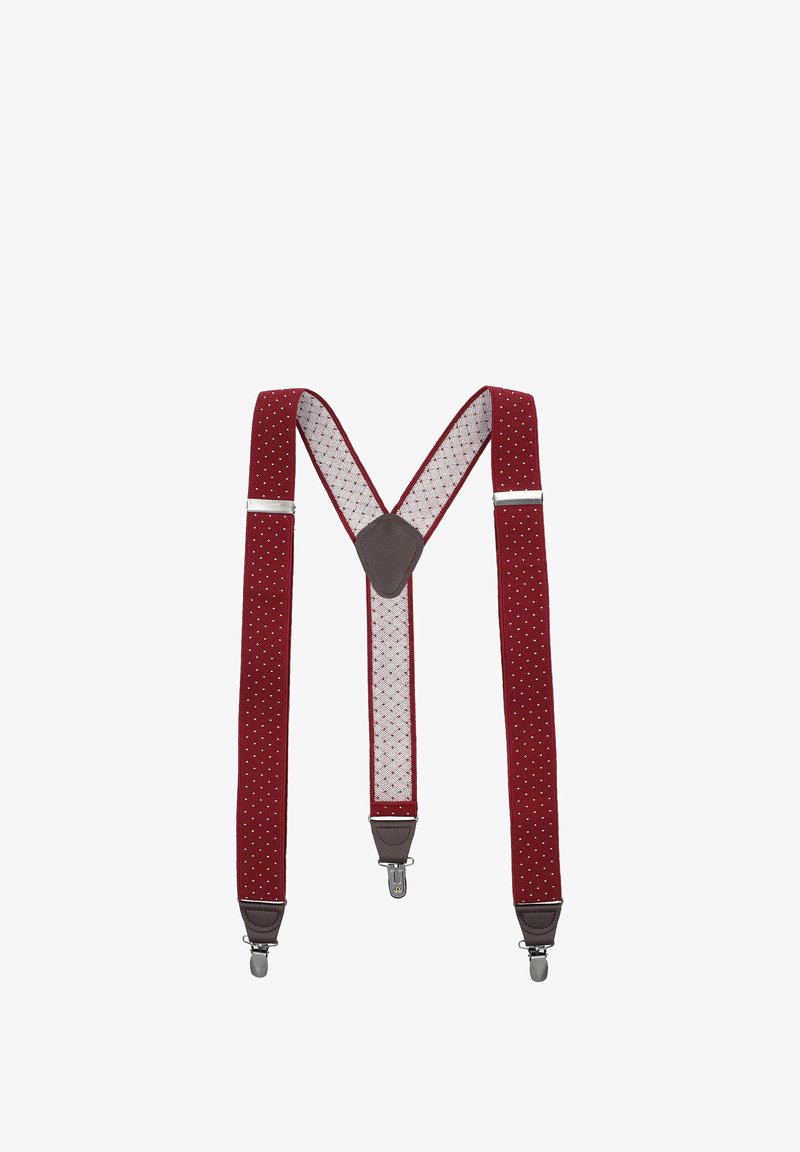 Bordowe szelki w białe kropki, materiałowe, z metalowymi srebrnymi klamrami oraz szarymi skórzanymi detalami wspierającymi paski. Kształt pionowy.