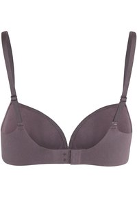 Szary bezszwowy biustonosz z drutem, z regulowanymi ramiączkami, gładkim materiałem i zapięciem na haftki. Posiada formowane miseczki.