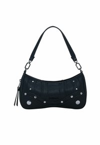 Borsa in pelle nera con design curvo, accenti in hardware argentato e superficie testurizzata. Presenta una tracolla corta e borchiette decorative.