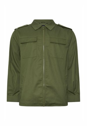 Olive green military-style jacket with front zipper, two chest flap pockets, shoulder epaulets, and long sleeves.