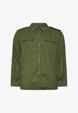 Olivgrüne Militärjacke mit Frontreißverschluss, zwei aufgesetzten Brusttaschen, Schulterklappen und langen Ärmeln.