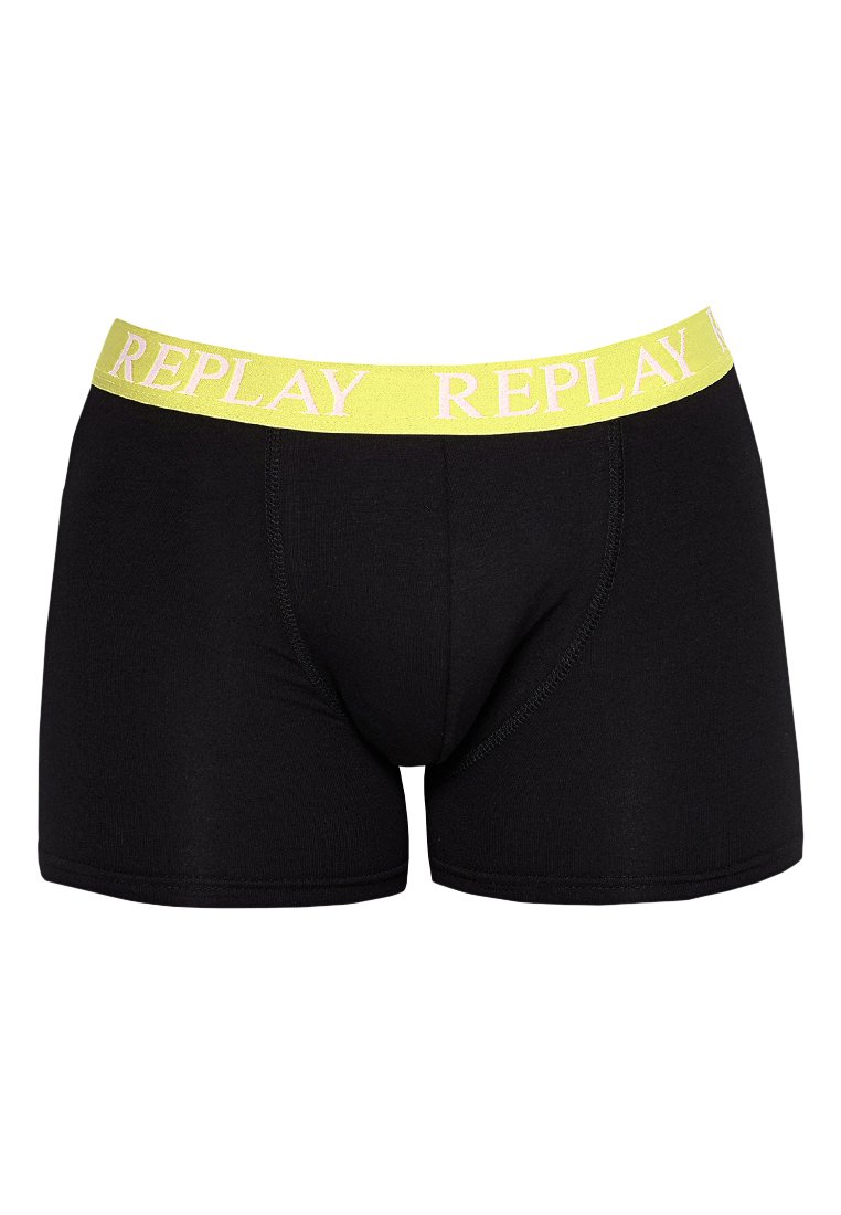 Boxer shorts noirs avec un waistband élastique jaune comportant l'inscription "REPLAY" imprimée en rose. Tissu doux avec une texture lisse et un design ajusté.