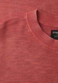 Gros plan sur un col rond côtelé d'un pull en maille rouge délavé avec une étiquette de marque noire visible à l'intérieur de l'encolure.