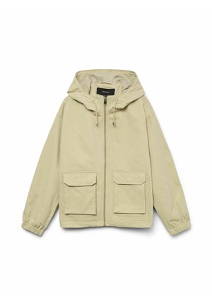 Veste à capuche beige avec fermeture éclair, poignets élastiques et deux poches à rabat à l'avant. Fabriquée à partir d'un tissu lisse et léger.