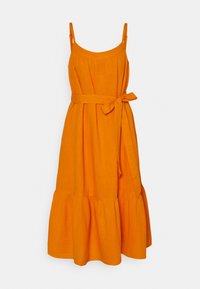 Orangenes Leinenkleid mit verstellbaren Spaghettiträgern, lockerer Passform, gerafftem Oberteil, Bindegürtel und gestuftem Volantsaum.